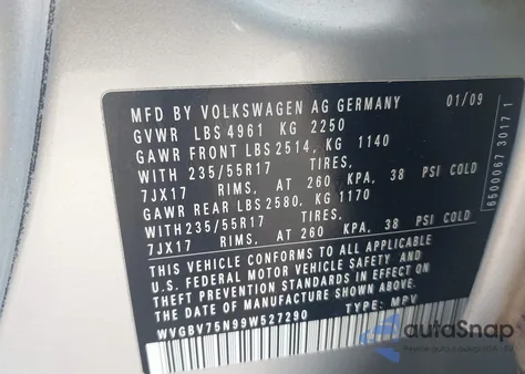 2009 Volkswagen Tiguan Se z USA, uszkodzony, nr VIN WVGBV75N99W527290